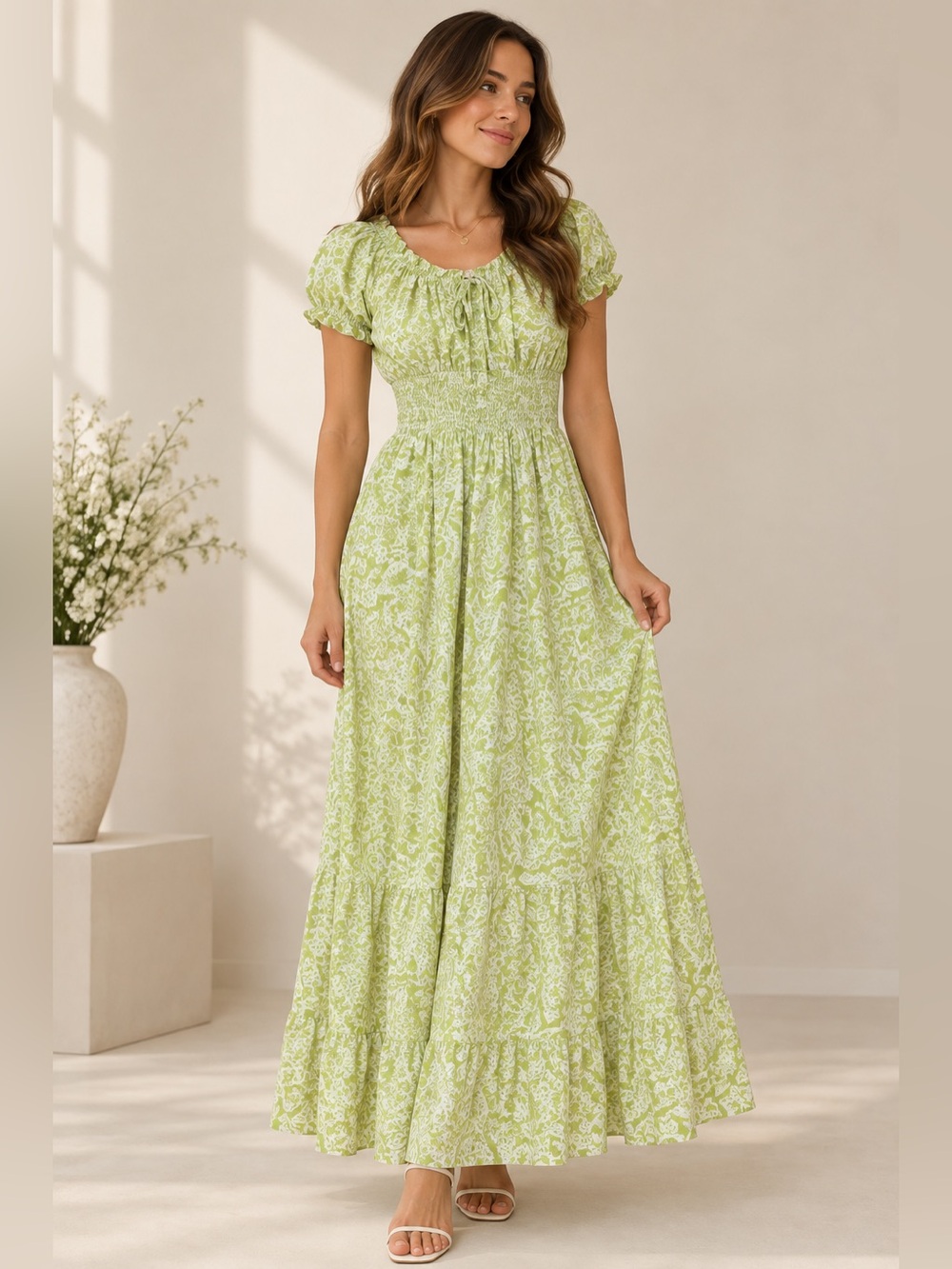 Kindred Green & White Floral Smocked Maxi Dress Size Small